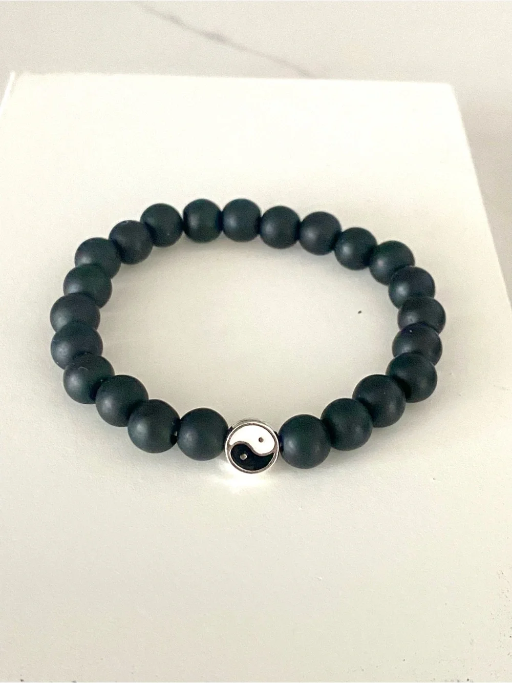 Yin Yang Beaded Stretch Bracelet Set - Black and White